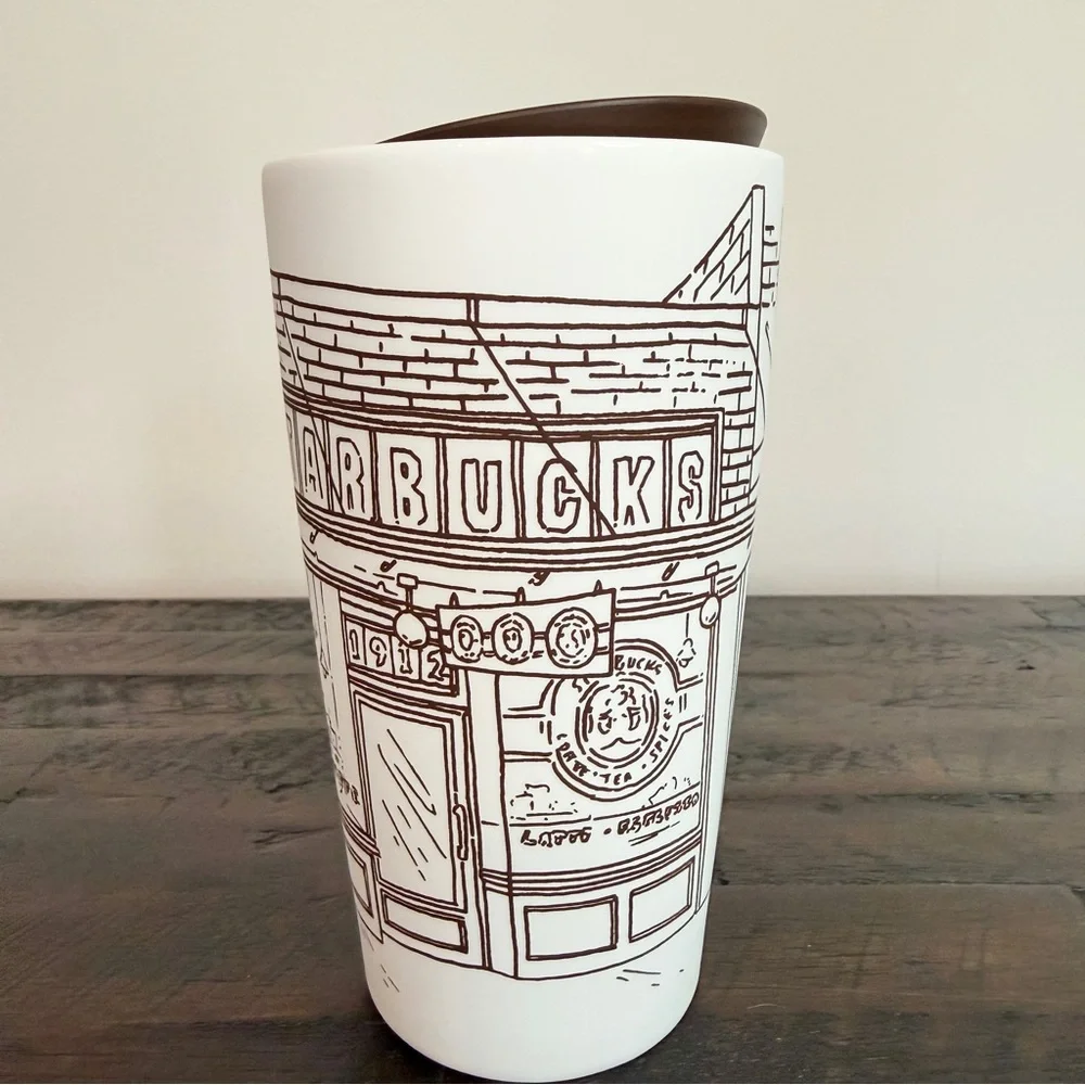 Starbucks Pike Place First Store Storefront White Ceramic Travel Tumbler 12 F Oz